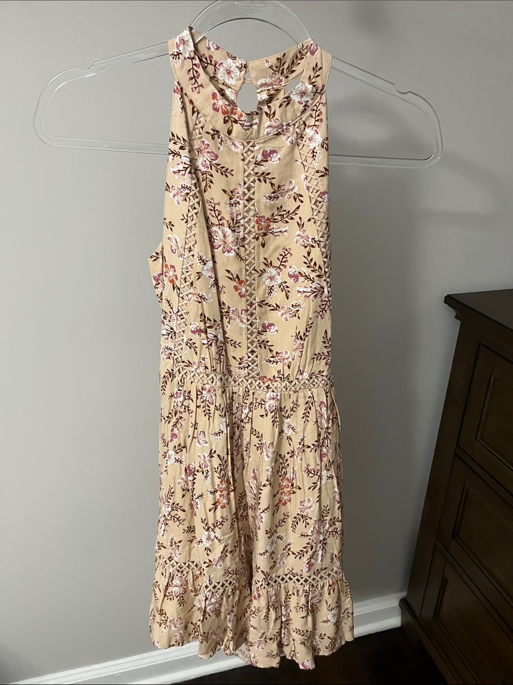 SUNDAY MI AMOR Cream Floral Halter Midi Dress with Ruffle Hem